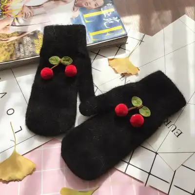 Fashion Solid Color Cherry Decorated Rabbit Fur Mittens