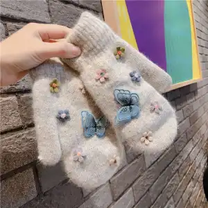Fashion Butterfly And Flower Decorated Knitted Mittens For Women Solid Color Daily Gloves