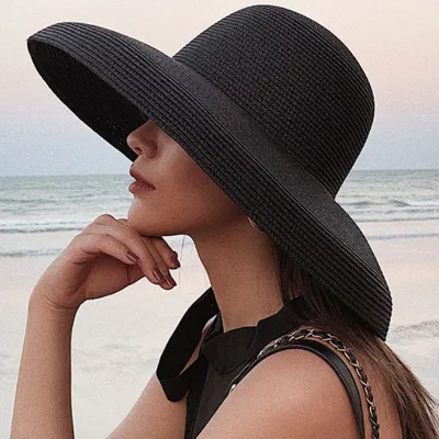Women Retro Elegant Summer Beach Straw Sun Hat Monochrome