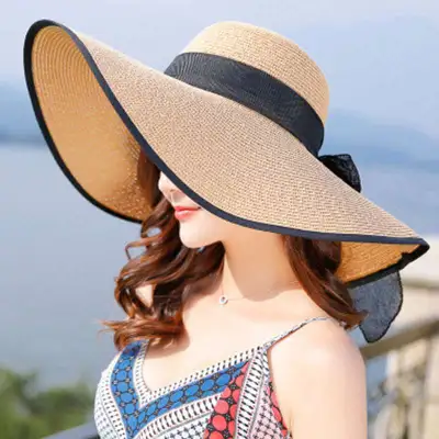 Women Summer Large Brim Lace-up Straw Sunhat