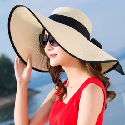 Women Summer Large Brim Lace-up Straw Sunhat
