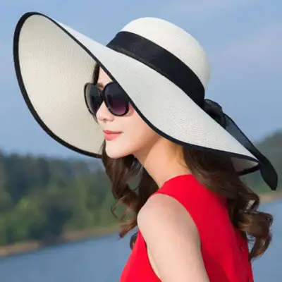 Women Summer Large Brim Lace-up Straw Sunhat