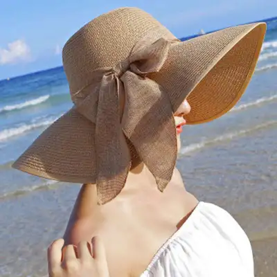 Women Summer Large Brim Lace-up Straw Sunhat