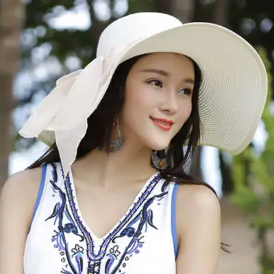 Women Summer Large Brim Lace-up Straw Sunhat