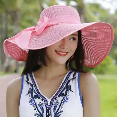 Women Summer Large Brim Lace-up Straw Sunhat