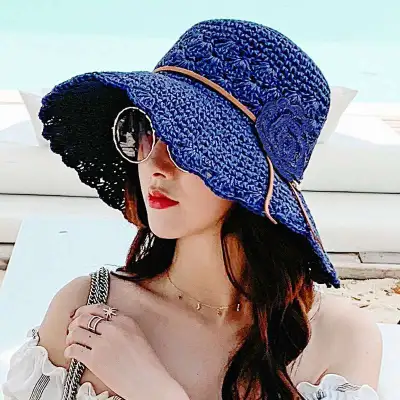 Women Summer Flowers Beach Weave Sun Hat Linen Mix Dome Hat