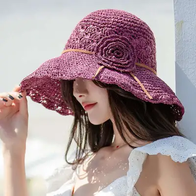 Women Summer Flowers Beach Weave Sun Hat Linen Mix Dome Hat