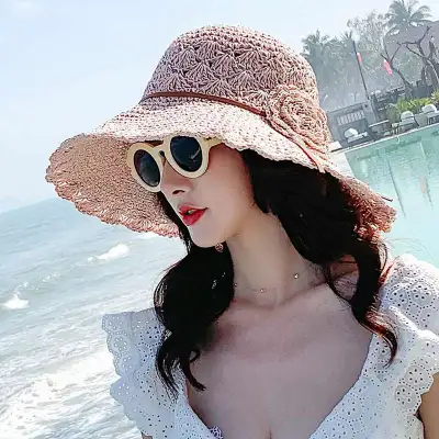 Women Summer Flowers Beach Weave Sun Hat Linen Mix Dome Hat