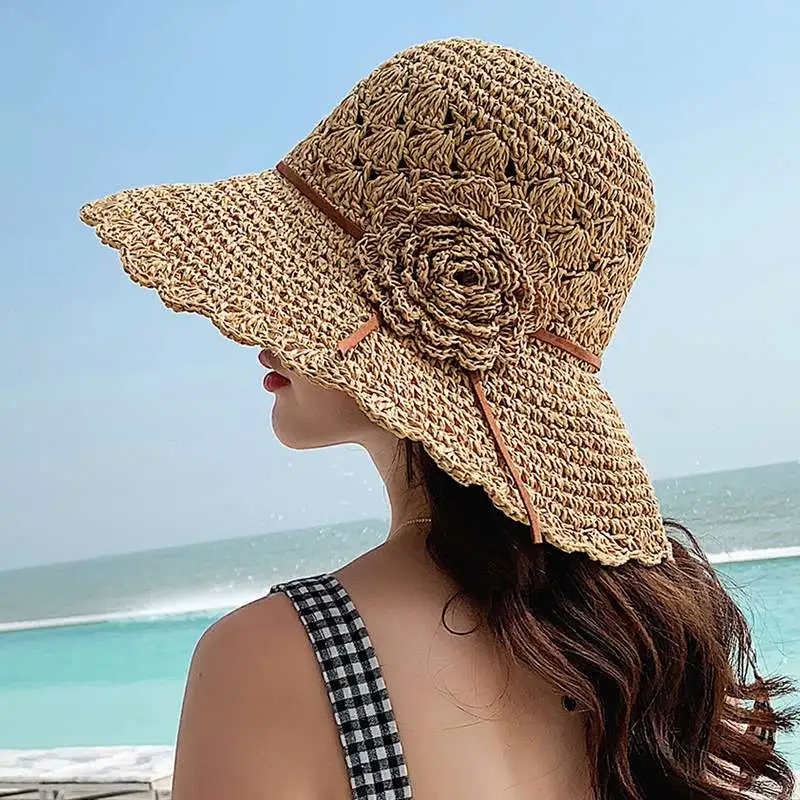 Women Summer Flowers Beach Weave Sun Hat Linen Mix Dome Hat