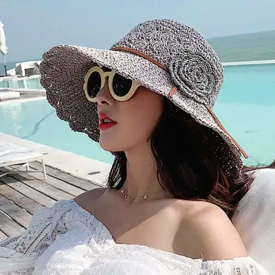 Women Summer Flowers Beach Weave Sun Hat Linen Mix Dome Hat