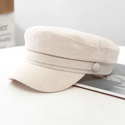 Women Fashion Cotton Linen Flat Top Navy Hat