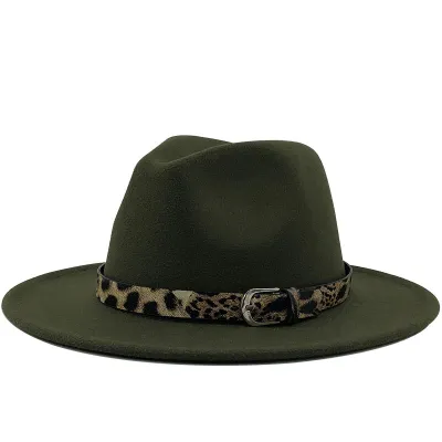 Women's Fashion Leopard Belt Decor Felt Jazz Hat