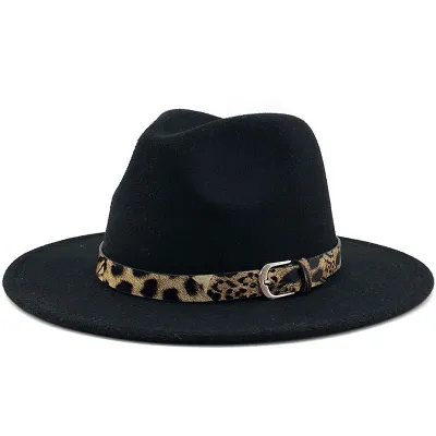 Women's Fashion Leopard Belt Decor Felt Jazz Hat