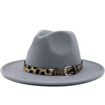 Women's Fashion Leopard Belt Decor Felt Jazz Hat