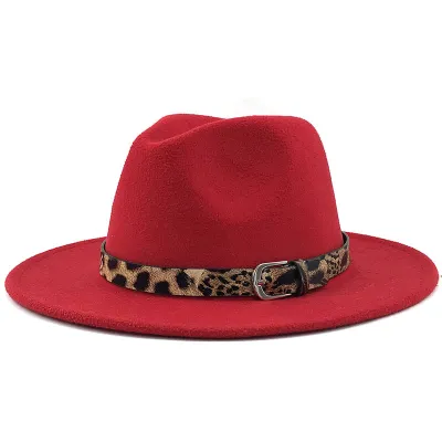 Women's Fashion Leopard Belt Decor Felt Jazz Hat