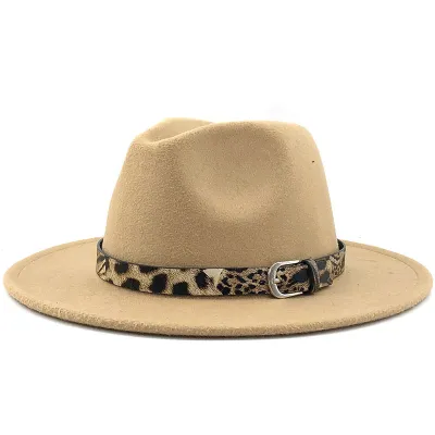 Women's Fashion Leopard Belt Decor Felt Jazz Hat