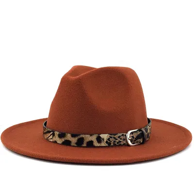Women's Fashion Leopard Belt Decor Felt Jazz Hat