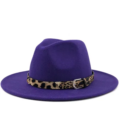 Women's Fashion Leopard Belt Decor Felt Jazz Hat