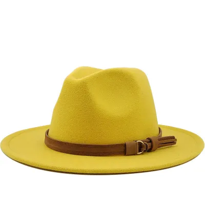 Women Brown Suede Belt Decor Big Brim Jazz Hat