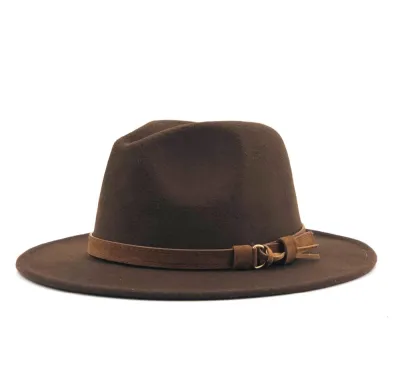 Women Brown Suede Belt Decor Big Brim Jazz Hat