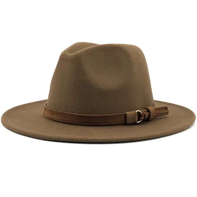 Women Brown Suede Belt Decor Big Brim Jazz Hat