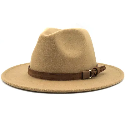 Women Brown Suede Belt Decor Big Brim Jazz Hat