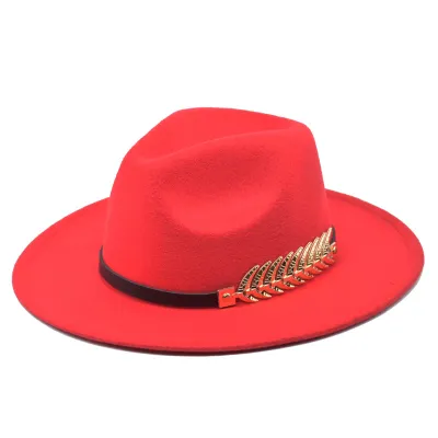 Unisex Metal Feather Decor Fedora Hat Bell Wool Felt Monochrome
