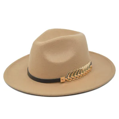 Unisex Metal Feather Decor Fedora Hat Bell Wool Felt Monochrome