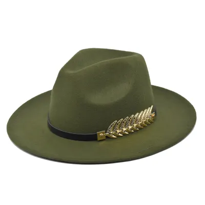 Unisex Metal Feather Decor Fedora Hat Bell Wool Felt Monochrome