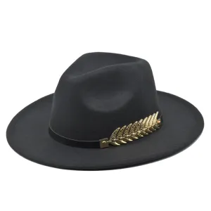 Unisex Metal Feather Decor Fedora Hat Bell Wool Felt Monochrome