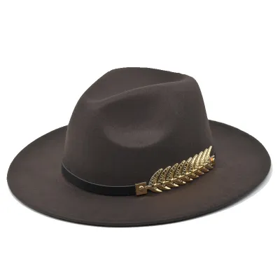 Unisex Metal Feather Decor Fedora Hat Bell Wool Felt Monochrome
