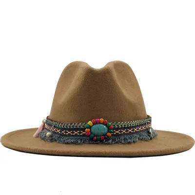Unisex Retro Ethnic Style Big Brim Cashmere Fedora Hat