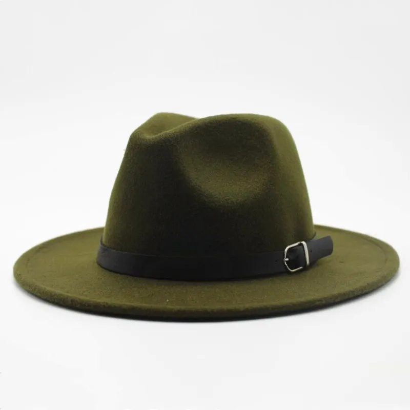 Unisex Retro Solid Color Belt Decor Big Brim Fedora Hat