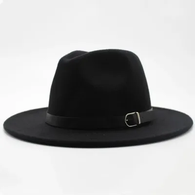 Unisex Retro Solid Color Belt Decor Big Brim Fedora Hat