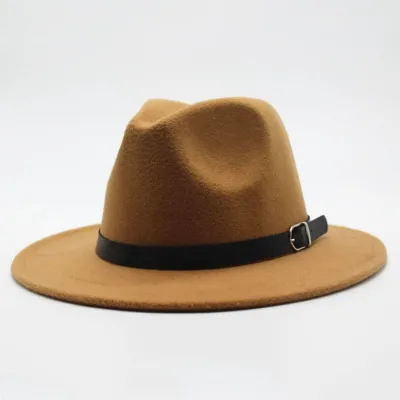 Unisex Retro Solid Color Belt Decor Big Brim Fedora Hat