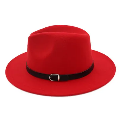 Unisex Retro Solid Color Belt Decor Big Brim Fedora Hat
