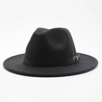Unisex Retro Solid Color Belt Decor Big Brim Fedora Hat