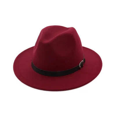 Unisex Retro Solid Color Belt Decor Big Brim Fedora Hat