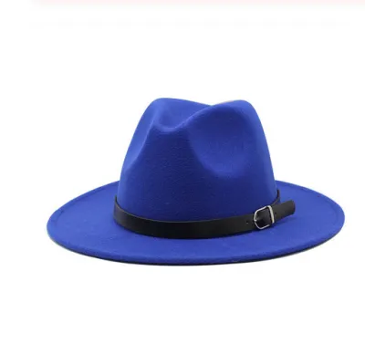 Unisex Retro Solid Color Belt Decor Big Brim Fedora Hat