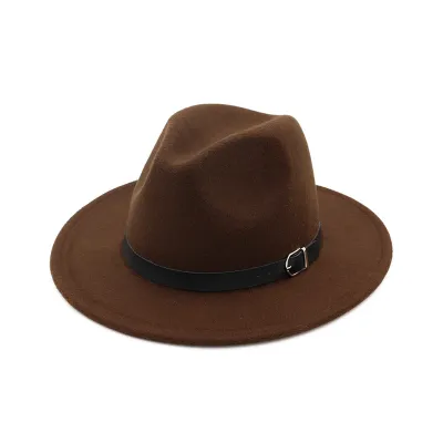 Unisex Retro Solid Color Belt Decor Big Brim Fedora Hat