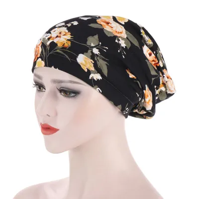 Women Muslim Style Floral Print Turban Hat Polyester Headwrap
