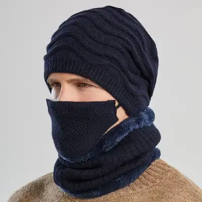 Fashion Knitted Mask Bib Scarf And Dome Hat Three-piece Set For Women
