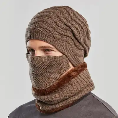Fashion Knitted Mask Bib Scarf And Dome Hat Three-piece Set For Women
