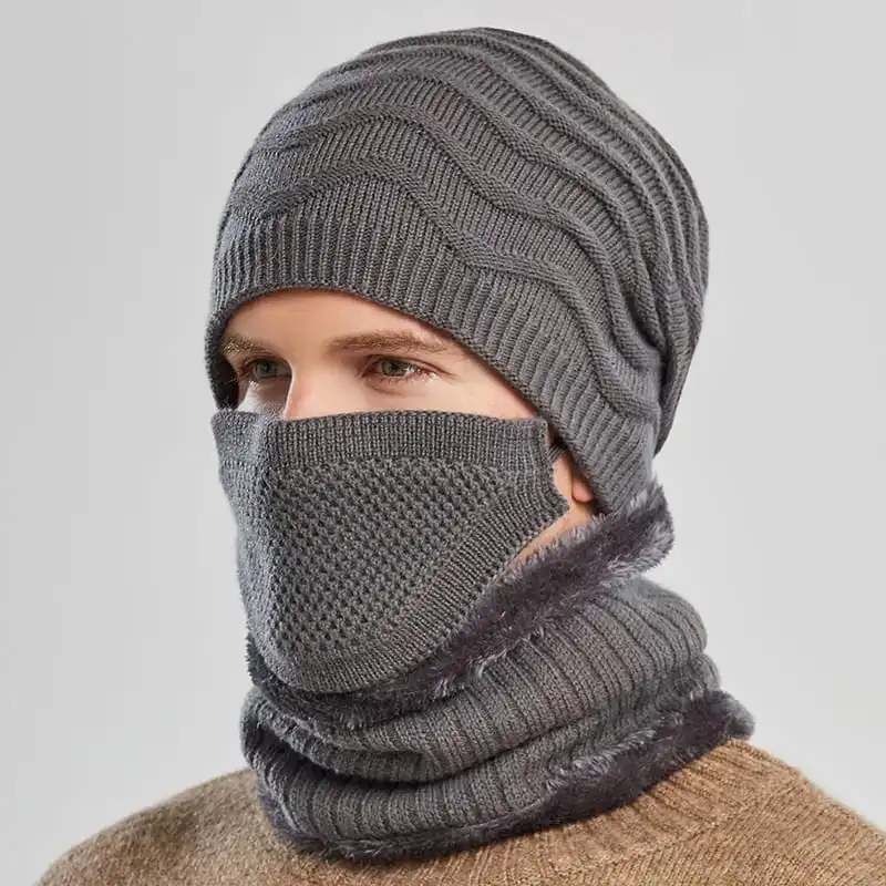 Fashion Knitted Mask Bib Scarf And Dome Hat Three-piece Set For Women