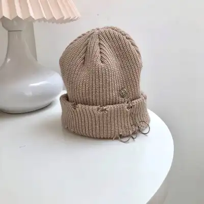 Unique Paper Clip Decoration Solid Color Acrylic Knitted Beanie Hat for Unisex Teenage Youth