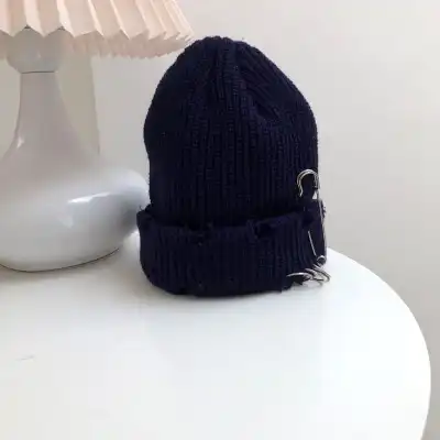 Unique Paper Clip Decoration Solid Color Acrylic Knitted Beanie Hat for Unisex Teenage Youth