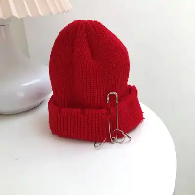 Unique Paper Clip Decoration Solid Color Acrylic Knitted Beanie Hat for Unisex Teenage Youth