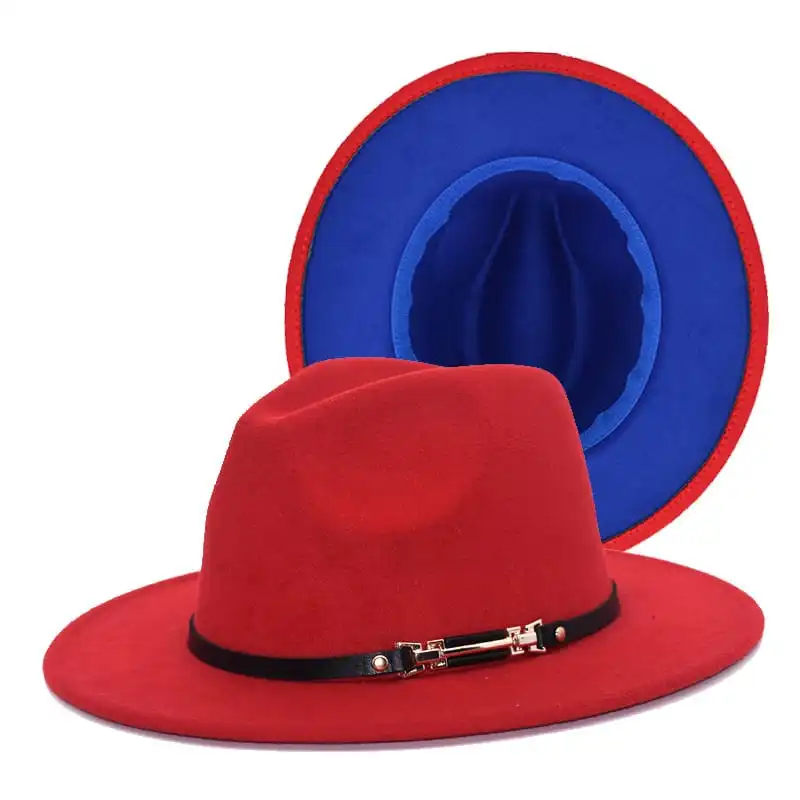 Fashion Color Matching Flat Brim Fedora Hat Unisex Wool Felt