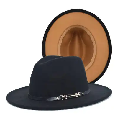 Fashion Color Matching Flat Brim Fedora Hat Unisex Wool Felt