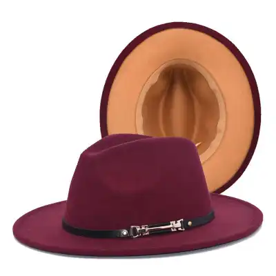 Fashion Color Matching Flat Brim Fedora Hat Unisex Wool Felt